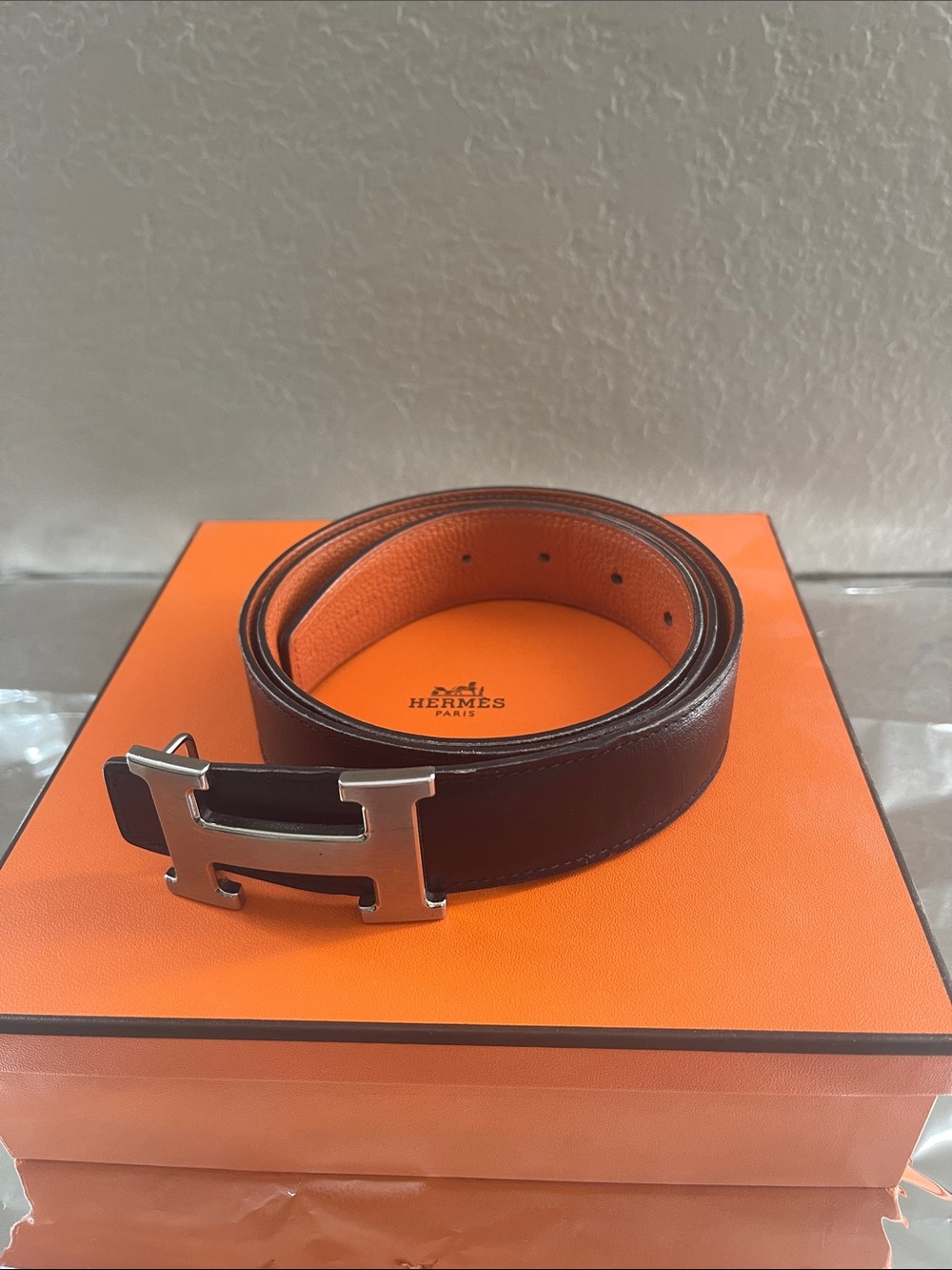 Hermes Reversible Black and Orange Leather Belt with Silver H Buckle